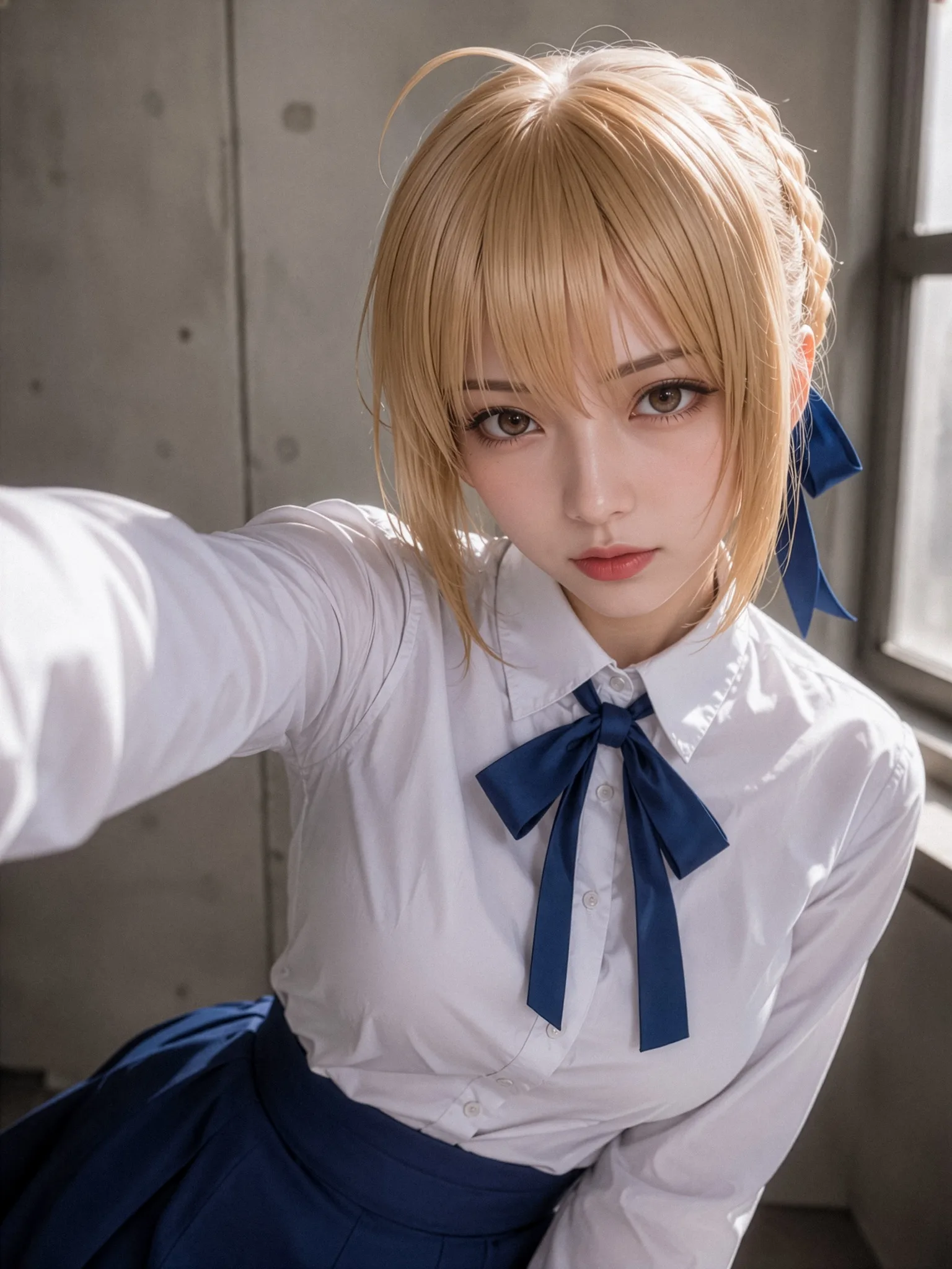青いリボンのブロンド衣装