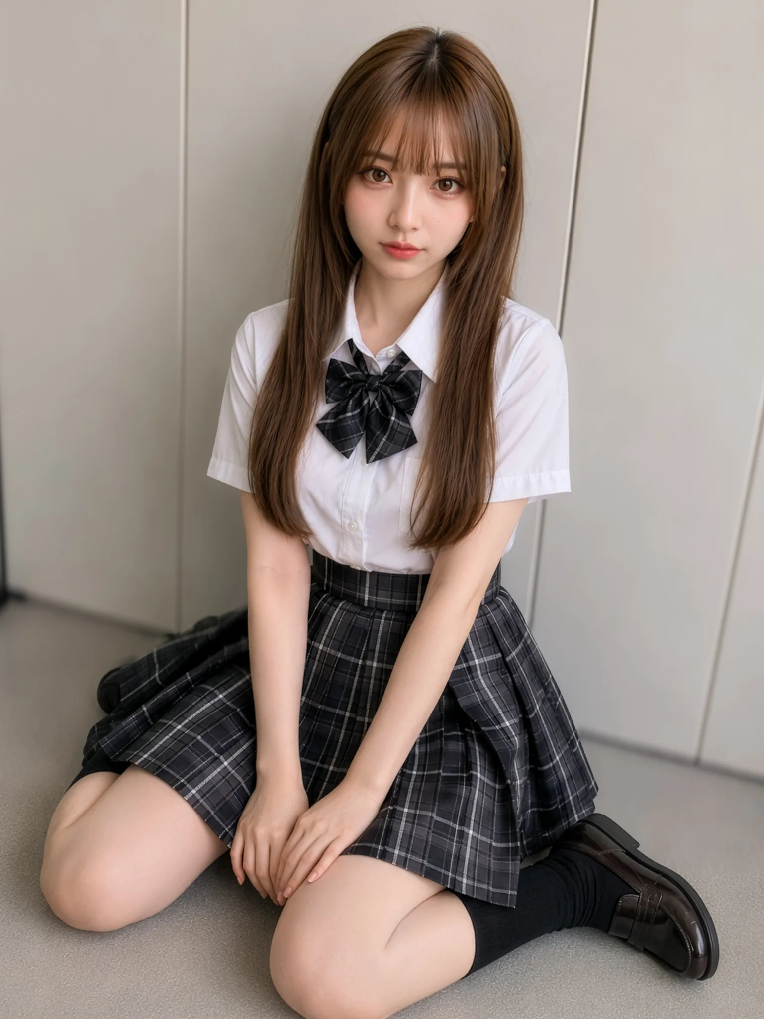 チェック柄制服の着座ポートレート